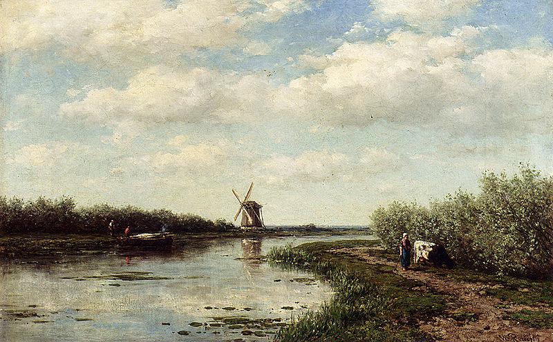Willem Roelofs Figures On A Country Road Along A Waterway